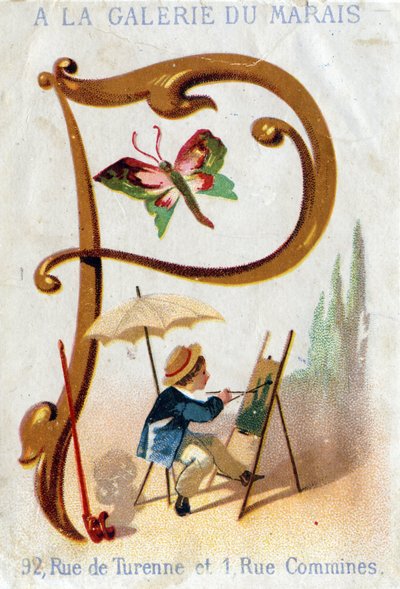 Letra P: pintor, borboleta, guarda-sol, cachimbo. Alfabeto Art Nouveau: Série de 25 cromolitografias publicitárias. Litografia de Alfred Clarey, final do século XIX. Escurecer 115x75mm de Unbekannter Künstler