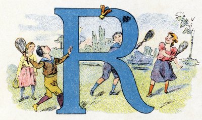 Carta R: Flying Racket. Alfabeto de Fosfatino Falieres . Gravura. Alfabeto Brevete S.G.D.G. do farmacêutico Pierre Emile Falieres . Ilustrações em cromolitografia, final do século XIX. 16 páginas. Dim: 103x154mm de Unbekannt