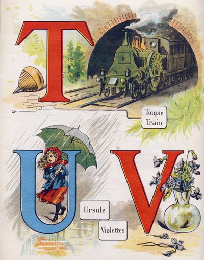Letras T, U e V: topo, trem, ursula e violeta. Gravura em "ABC L