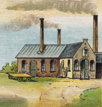 Carta U: Fábrica. Gravura em "Alfabeto de ma petite fille". Bernardin-Bechet e Fils, livreiro-editores, Paris, por volta de 1895. Álbum inquebrável em lona. Bibliotheque des Bebes. 12 páginas. Álbum contendo um método de leitura e um abeced ilustrativo. de Unbekannt
