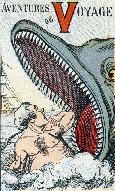 Carta V: Aventuras de Viagem. Gravação em "ABC Les Images en Alphabet". Epinal imaging. Pellerin e Cie, impressora-editora, Epinal, final do século XIX, cerca de 1890. 10 páginas. Dimensões: 19,5 x 13,5 cm. de Unbekannt