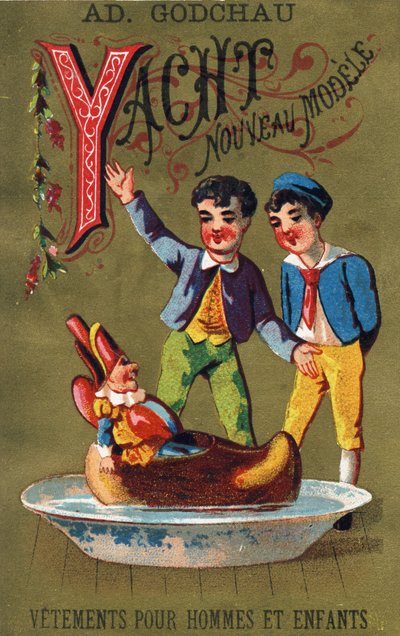 Carta Y: Novo modelo de iate. Gravação em "Alfabeto dos grotescos". Série de 25 cromolitógrafos publicitários sobre um fundo de dorso, finais do século XIX. Dimensão: 11x 7 cm de Unbekannt