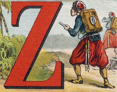 Carta Z: Zouave. Gravura em "Alfabeto de ma petite fille". Bernardin-Bechet e Fils, livreiro-editores, Paris, por volta de 1895. Álbum inquebrável em lona. Bibliotheque des Bebes. 12 páginas. Álbum contendo um método de leitura e um abeceda ilustrativo. de Unbekannt
