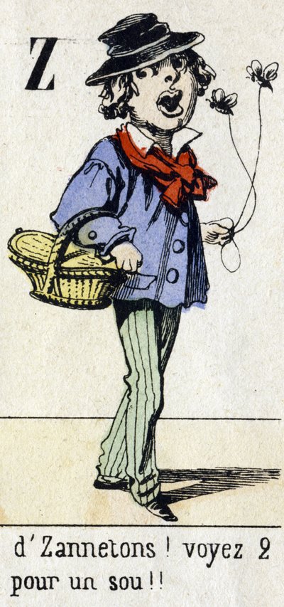 Carta Z: "por Zannetons! Veja 2 por um centavo!! "Alfabeto "Diversão infantil". Imagem de Epinal, por volta de 1890. Série popular. Pequeno livreto de 8 páginas . Gravuras em madeira estampada sobre o tema dos pequenos metiers de rua e os gritos de Paris. de Unbekannt