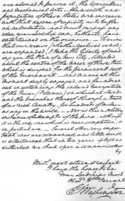 Carta de George Washington ao Conde de Buchan declarando os princípios para a futura política externa americana, incluindo a paz, a amizade universal e evitar o envolvimento na política europeia e também enviando os planos para a nova capital a ser constru de Unbekannt
