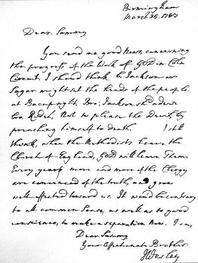 Carta de John Wesley a Samuel Bradburn, expressando sua forte opinião de que os Metodistas não devem deixar a Igreja da Inglaterra. escrita em Birmingham, 25 de março de Unbekannt