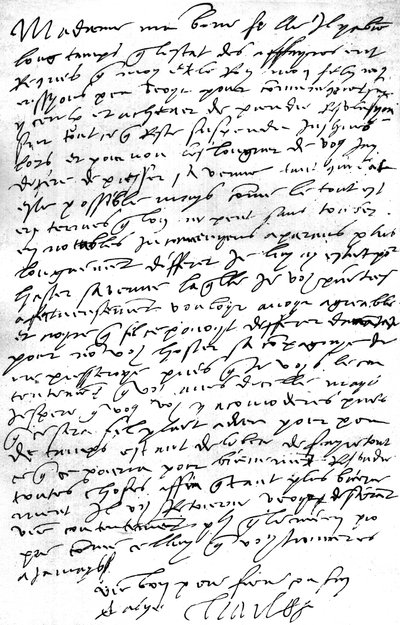 Carta, em francês, do Imperador Carlos V. à sua nora, a Rainha Maria I de Inglaterra, expressando seu desejo de ver seu filho, o Rei Felipe, seu marido, a fim de consultá-lo sobre os assuntos, expressando seu pesar pela necessidade de privá-la de h de Unbekannt