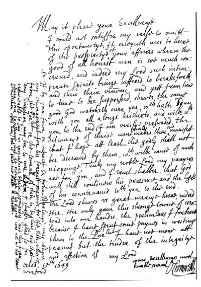 Carta escrita por Oliver Cromwell a Lord Fairfax para felicitá-lo pela sua prosperidade e para anunciar a captura de Wexford, Irlanda de Unbekannt
