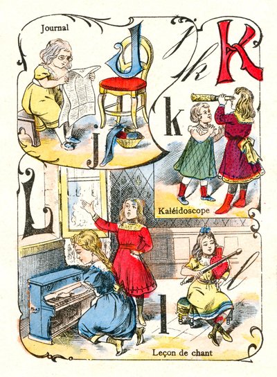 Cartas J K e L como diário, caleidoscópio e leão cantante. Gravura em "Alfabeto da Diversão". Imagem de Pont-a-Mousson . Impressão e publicação de Louis Vagne, final do século XIX. de Unbekannt