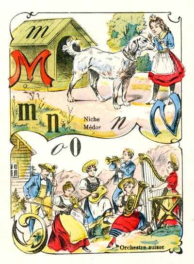 Letras M N e O como Medor, Niche e Orquestra Suíça. Gravura em "Alfabeto da Diversão". Imagem de Pont-a-Mousson . Impressão e publicação de Louis Vagne, final do século XIX. de Unbekannt
