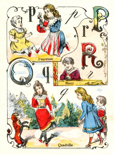 Cartas P Q e R como medo, riso e quadrilha. Gravura em "Alfabeto da Diversão". Imagem de Pont-a-Mousson . Impressão e publicação de Louis Vagne, final do século XIX. de Unbekannt