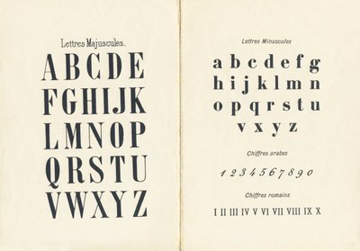 Letras maiúsculas, letras pequenas, algarismos árabes e romanos - Gravura extraída de ABCD des petites filles. Pellerin & Cie, gráfica editora, Epinal, por volta de 1890. Serie A. Dimensões : 19 x 13,5 cm. de Unbekannt