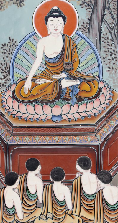 Vida de Buda Como Buda, um Buda desperto, ele voltou para ensinar aos seus cinco companheiros praticantes a Nobre Verdade da Insatisfação, a Nobre Verdade da Causa (Anseio), a Nobre Verdade da Cessação, e o Nobre Caminho de 8 vezes que leva à cessação de Unbekannt