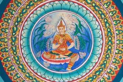 Vida de Buda. Obras de arte de tecto retratando a vida de Buda. Wat Inpeng. Ventiana. Laos, 20151029, Vientiane, Laos de Unbekannt