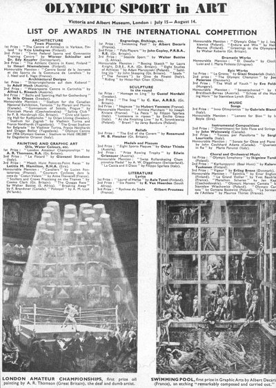 Lista dos Vencedores dos Prémios de Arquitectura, Arte, Escultura, Literatura, Drama e Música nas Olimpíadas de Londres de 1948 (litho) de Unbekannt