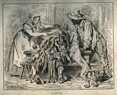 O pequeno Poulet e os seus irmãos esfomeados. Gravura de Gustave Dore (1832-1883) de "Les contest" de Charles Perrault (1628-1703) de Unbekannt
