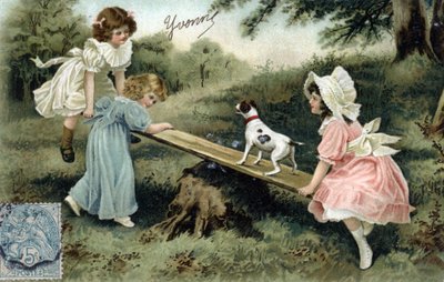 Meninas brincando com uma tábua de madeira (baloiço ou fita adesiva) - Cartão postal do final do século 19-20 de Unbekannt