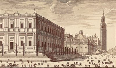 Lonja de Comercio ("Edifício do Comércio") e vista parcial da Catedral de Sevilha. Gravura. ESPANHA. MADRID (COMUNIDADE AUTÓNOMA). Madrid. Biblioteca Nacional de Unbekannter Künstler