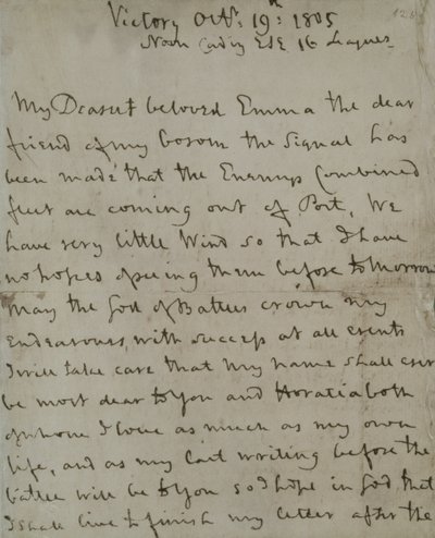 A última carta de Lord Nelson (1758-1805) a Emma Hamilton, escrita da 