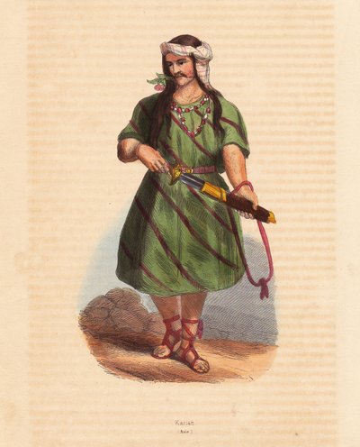 Homem da tribo Karen (Karene ou Karyang) (Birmânia, Myanmar) - Homem da tribo Karen (Karian) do sul da Birmânia - Xilogravura colorida da obra "Mores, Uses et Costumes de tous les Peoples du Monde, Asia", de Auguste Wahlen, pseudónimo de Jean Francois Nico de Unbekannter Künstler