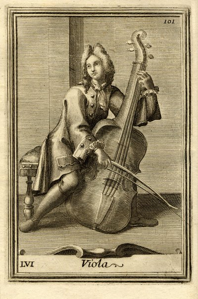 Homem a tocar violoncelo (ou "Viola"). No "Gabinetto Armonico" de Filippo Bonanni, Roma de Unbekannter Künstler
