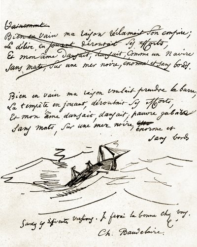 Manuscrito de Charles Baudelaire, ilustrado com um desenho de um barco de Unbekannter Künstler