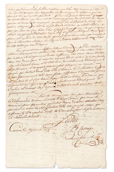 Carta manuscrita assinada &39;Jb d Castro&39; e &39;David Cohen Henriq&39;, para Victor Hugues Agente Especial da Diretoria Executiva nas Ilhas de Barlavento, Curaçao, 8 de setembro de 1798 (tinta no papel) de Unbekannt