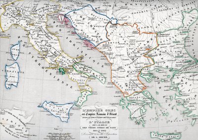 Mapa do Império Bizantino durante a ocupação da Bulgária e da Itália durante o reinado de Otão I, Otão II e Otão III Sacro Imperador Romano de Unbekannter Künstler