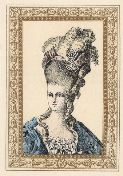 Maria Antonieta, esposa do rei Luís XVI de França, com um penteado elaborado, coroado de fitas e pérolas de Unbekannter Künstler
