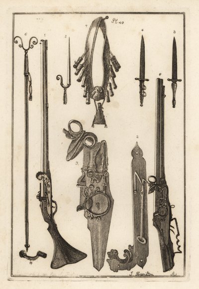 Mosquete Matchlock, cadeado e baioneta da Torre de Londres 1-3, baioneta 4, descanso de mosquete e baioneta 5, descanso de mosquete 6, bandiletes e frasco de pó 7, cadeado de roda 8,9 e chave de porcas 10 de Unbekannt