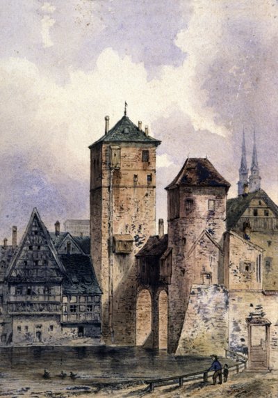 Cidade medieval no Reno, c.1850-1900 (aguarela) de Unbekannter Künstler