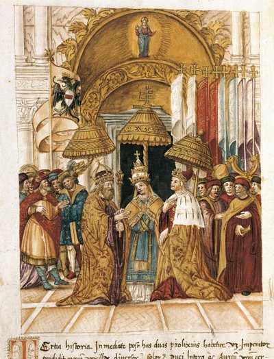 Encontro entre Frederico Barberossa (Federico Barbarossa) e o Papa Alexandre III (Alexandre, Alessandro III) (1105-1181) no Palácio Ducal de Veneza, em 1177 de Unbekannter Künstler