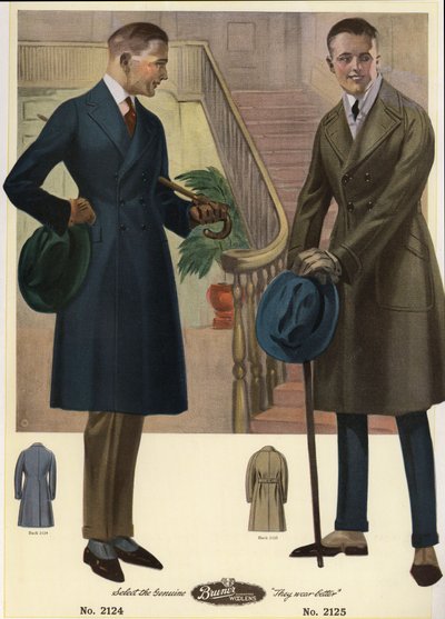 Moda masculina de 1920 - Homens com casacos de trespasse com bengalas e chapéus, usando polainas. Cromolitografia de um catálogo de moda masculina da Bruner Woolens de Unbekannter Künstler