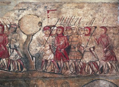 Assembleia militar presidida pelo rei Jaime I de Aragão, conhecido como o Conquistador, fresco do Palau Reial Major, Barcelona de Unbekannter Künstler