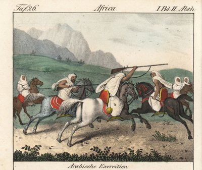 Exercícios militares, a carga de cavaleiros árabes. Litografia para o livro: "Galerie complete en tableaux fideles des peuples d