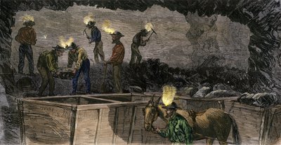 Mineiros a escavar a mina e a carregar o carvão em pequenos carros puxados por mulas, na Pensilvânia. Gravura a cores de 1860. de Unbekannter Künstler