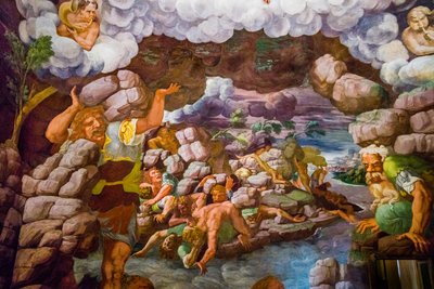 O mais famoso fresco do Maneirismo: A ilusão de Giulio Romano inventa uma cúpula e dissolve a arquitectura da sala na queda dos gigantes, Salão dos Gigantes de Unbekannter Künstler