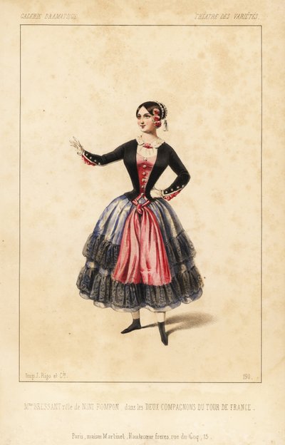 A Sra. Elisabeth Augustine Bressant como Nini Pompon em Les Deux Compagnons du Tour de France de Lockroy e Wailly, Theatre des Varietes de Unbekannter Künstler