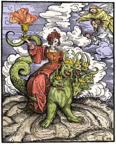 Mitos e lendas: A Grande Prostituta da Babilónia cavalgando o dragão de 7 cabeças. Gravura colorida do Novo Testamento, impressa em Augsburgo de Unbekannter Künstler