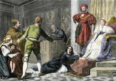 Mitos e lendas: a filha de um judeu acusado de bruxaria na Idade Média. Gravura a cores do século XIX. de Unbekannter Künstler
