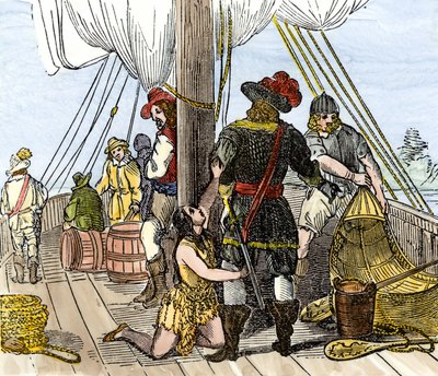 População nativa da América: Índios. Pocahontas capturada a bordo de um navio de Jamestown. Gravura a cores do século XIX. de Unbekannter Künstler
