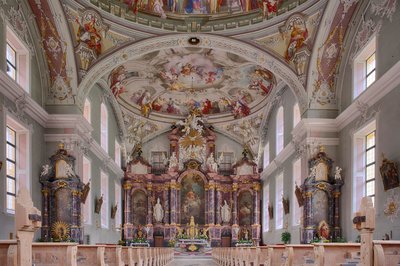 Nave, altar, pintura de tecto, fotografia de interior, Igreja Paroquial Católica de São Jorge, Neustift, Vale do Stubai, Tirol, Áustria, Europa (foto) de Unbekannter Künstler