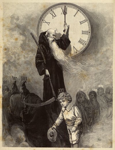 Alegoria de Ano Novo 1889 representando uma velha abóbada, que simboliza o ano velho, dando lugar a um rapazinho sorridente que simboliza o Ano Novo. O tempo observa a cena rodando os ponteiros de um relógio. Gravura do século XIX de Unbekannter Künstler