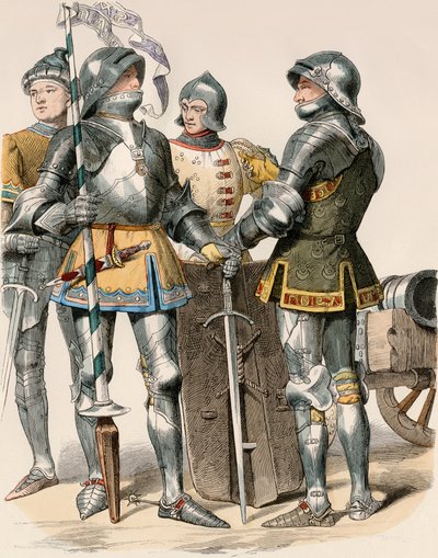 Nobres cavaleiros do Duque de Bougogne (França), de armadura e arma, com um canhão de Unbekannter Künstler