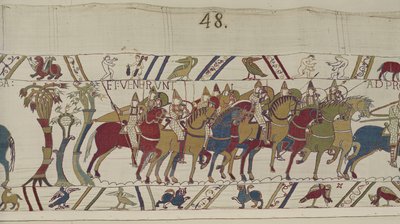 Soldados normandos saindo de Hastings para fazer batalha com Harold, Bayeux Tapestry (bordado de lã em linho) de Unbekannt