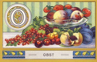 O : Obst - Alfabeto Palmin. Série de cromolitógrafos publicada por H. Schlinck & Cie, Hamburg, n.d. . Anúncio para Palmin feinstes Cocosfett. Tamanho : 7 x 11 cm de William M. Timlin