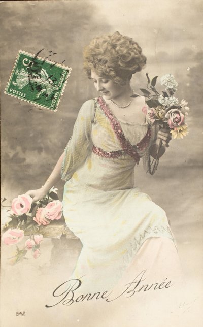 Antigo cartão postal/ano feliz/desejo/ mulher Belle Epoque de William M. Timlin