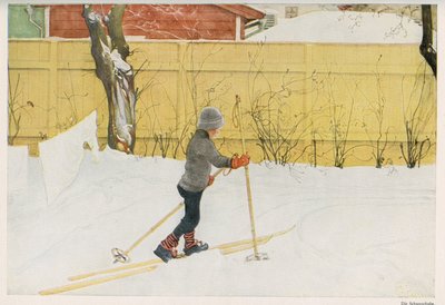 Um dos filhos do ilustrador sueco Carl Larsson (1853-1919) a aprender a andar de esqui. Desenho de "Das haus in der sonne" 1921 de Unbekannt