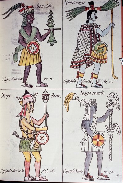 Opochtli, Xipe Totec, Yacatecuhtli e Nappatecutli, Página do Códice Florentino, Versão em espanhol e Nahuatl, História Geral das Coisas da Nova Espanha (Historia general de las cosas de Nueva Espana), Asteca de Benjamin Baud