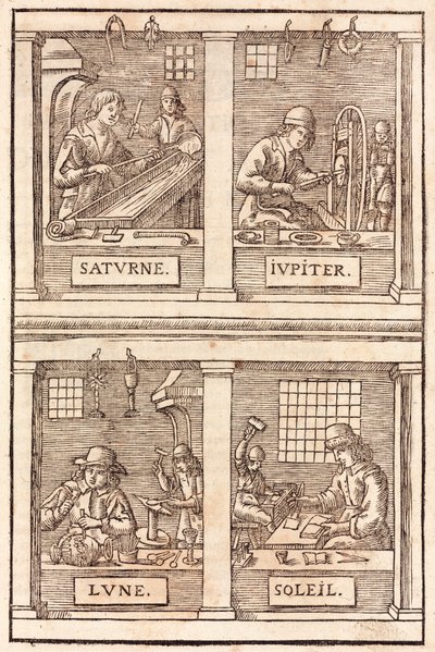 Ourivesaria e símbolos alquímicos : Saturno e chumbo, Júpiter e estanho, Lua e prata, Sol e ouro - Ourivesaria e Prateleiros Simbolismo alquímico de Unbekannt